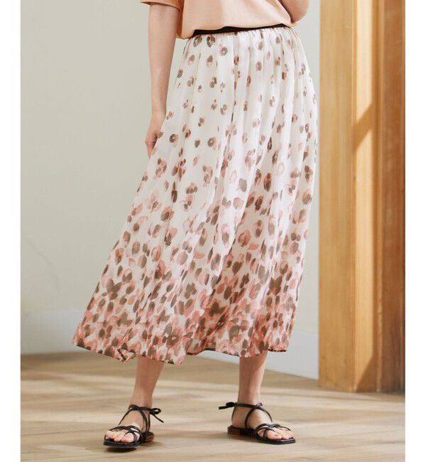 自由区「【洗える】グラデーションペタルプリント スカート」|スカート|カーキ&times;ピンク
