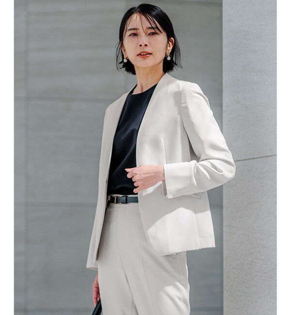 23区「【セットアップ対応/洗える】ドライツイル ノーカラー ジャケット」|ノーカラージャケット|ベージュ系