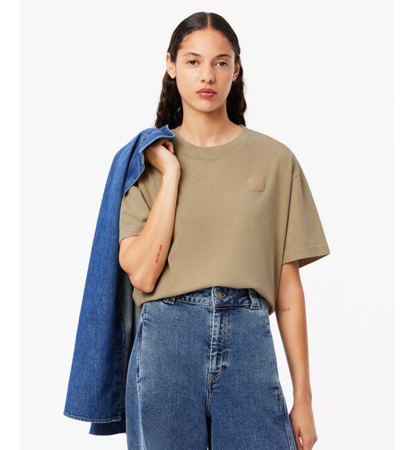 LACOSTE「ヘビーウェイト オーバーサイズ テニスボールパッチウォッシュド半袖Tシャツ」|Tシャツ・カットソー|ベージュ