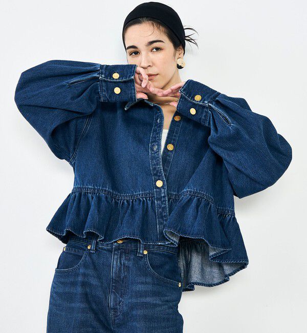 Rie Miller「【RM denim】裾フリルショート丈Gジャン」|ブルゾン・スタジャン|