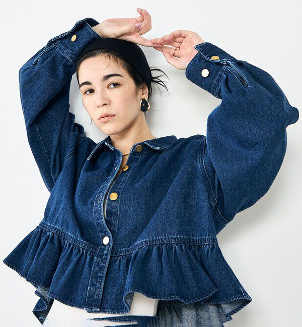 Rie Miller「【RM denim】裾フリルショート丈Gジャン」|ブルゾン・スタジャン|