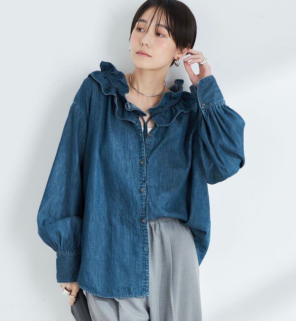 Rie Miller「【RM denim】フリルギャザーデニムブラウス」|シャツ・ブラウス|
