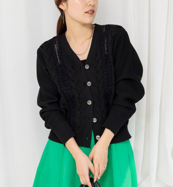 NOLLEY'S「《手洗い可能》ケーブルレースVネックカーディガン」|カーディガン|ブラック