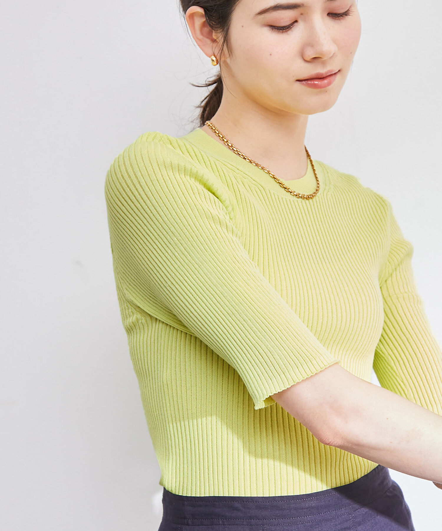 ROPE「【洗える】ホールガーメントリブ5分袖プルオーバー」|ニット・セーター|ライトグリーン(33)