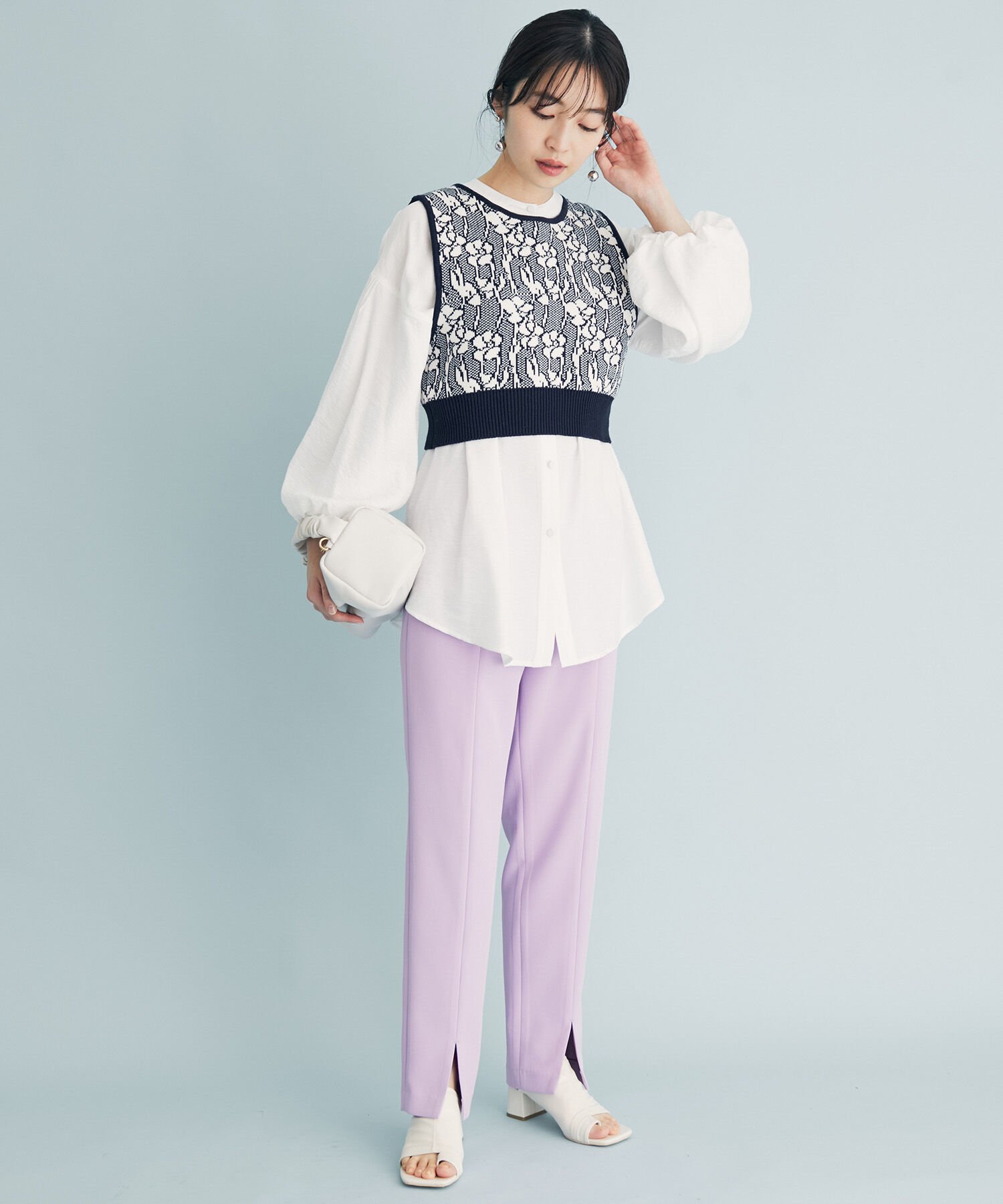 VIS「花柄/無地ジャガードニットベスト」|ベスト・ジレ|