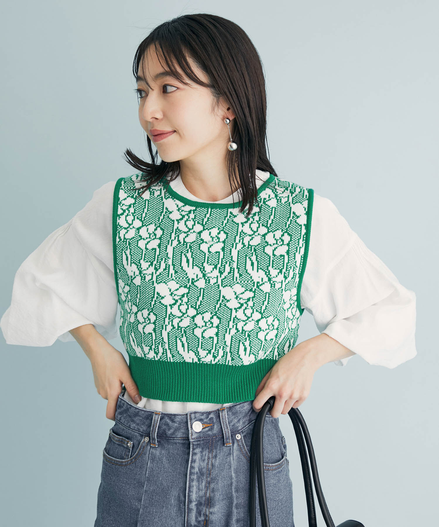 VIS「花柄/無地ジャガードニットベスト」|ベスト・ジレ|ダークグリーン(31)