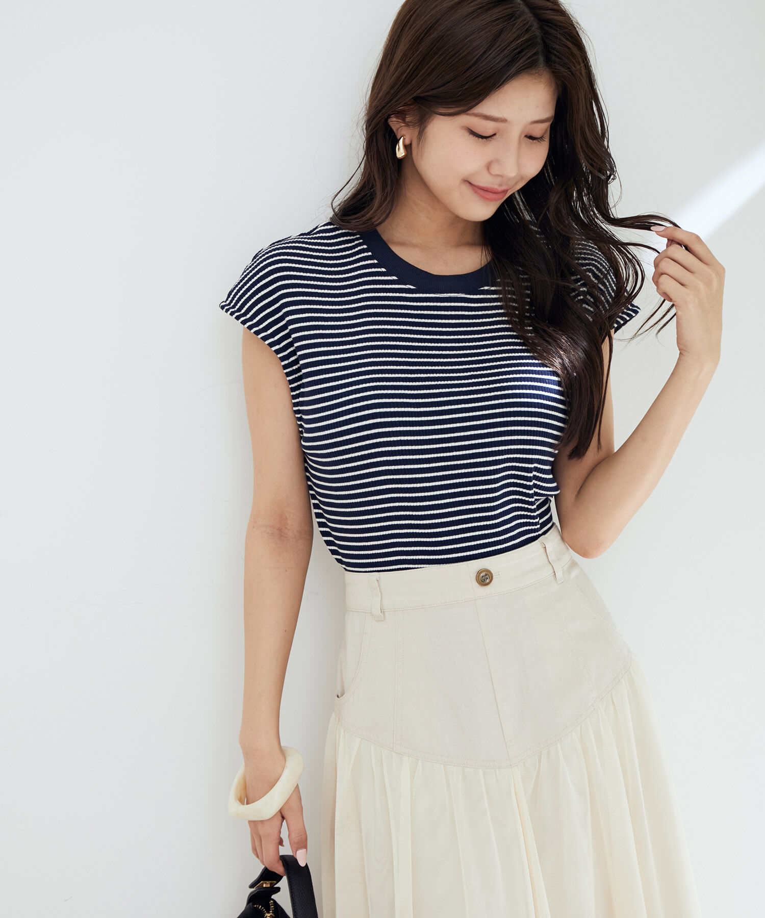 vis-a-vis「【WEB限定】前後２WAYスナップ釦付きフレンチスリーブボーダープルオーバー」|Tシャツ・カットソー|