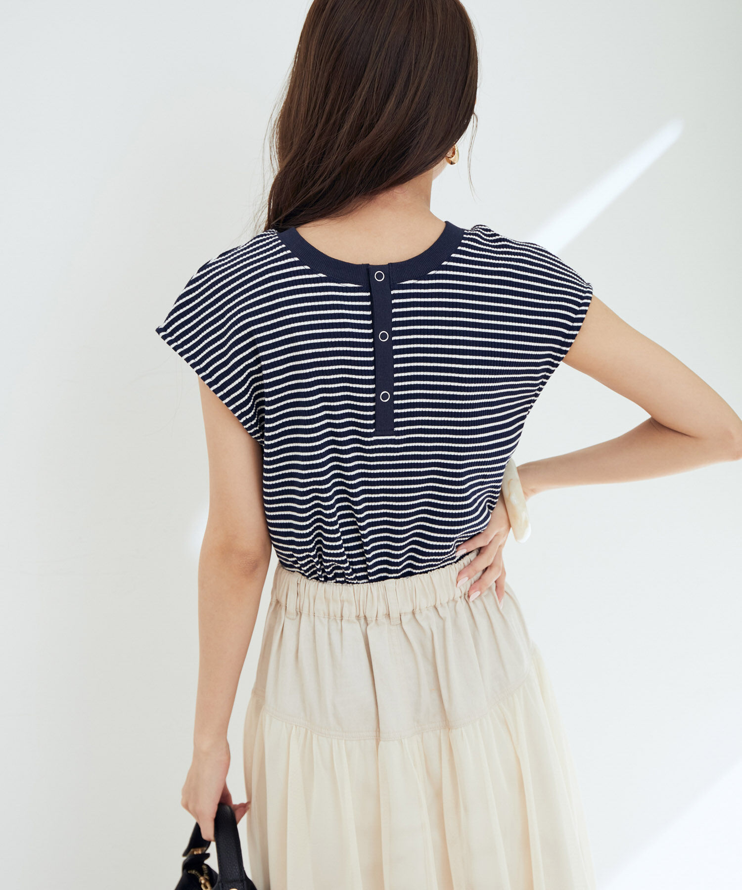 vis-a-vis「【WEB限定】前後２WAYスナップ釦付きフレンチスリーブボーダープルオーバー」|Tシャツ・カットソー|