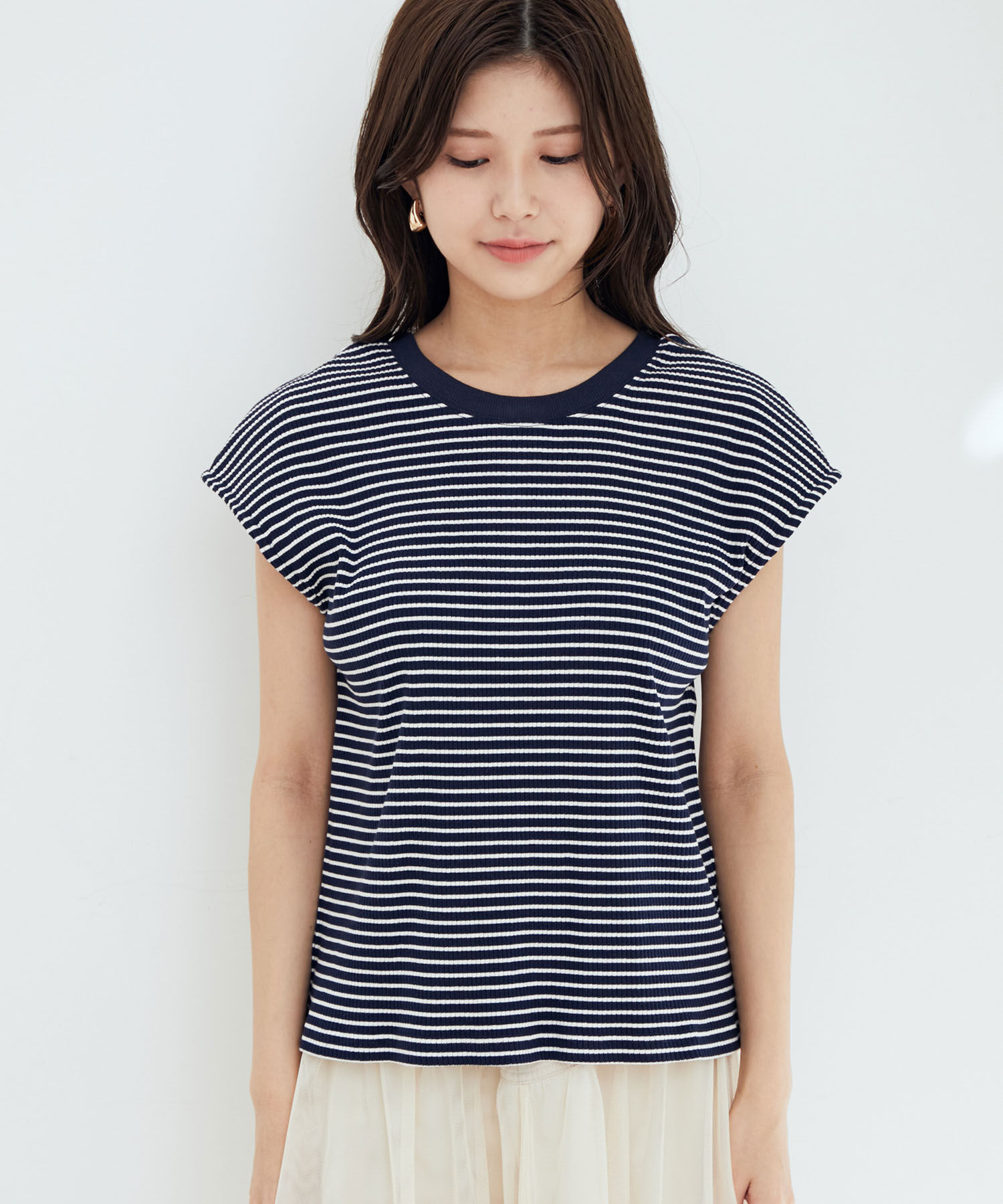 vis-a-vis「【WEB限定】前後２WAYスナップ釦付きフレンチスリーブボーダープルオーバー」|Tシャツ・カットソー|