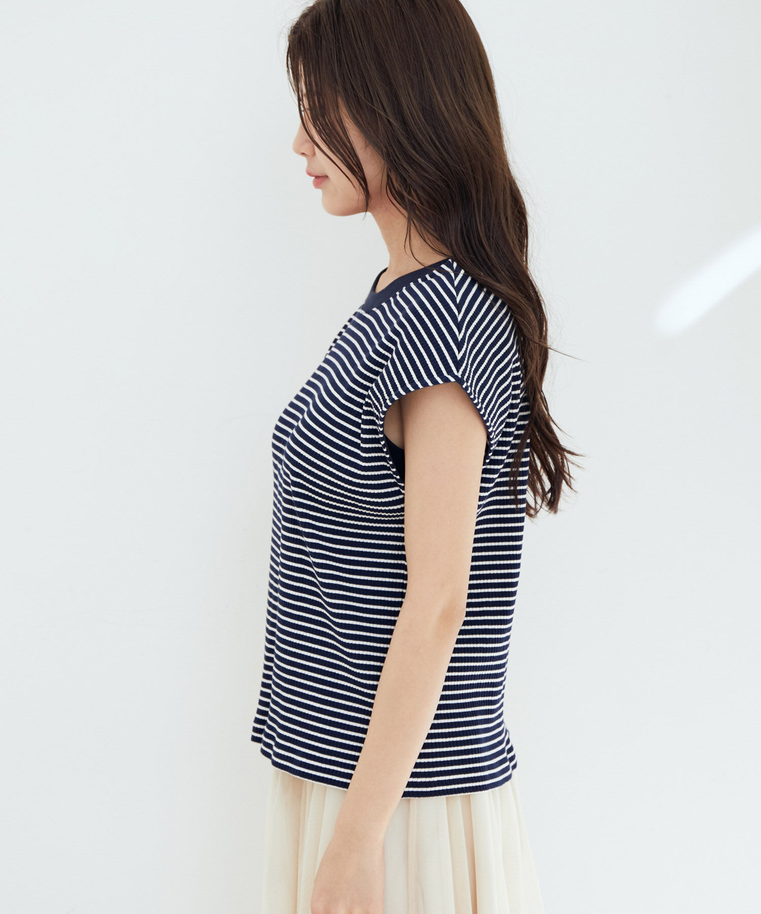 vis-a-vis「【WEB限定】前後２WAYスナップ釦付きフレンチスリーブボーダープルオーバー」|Tシャツ・カットソー|