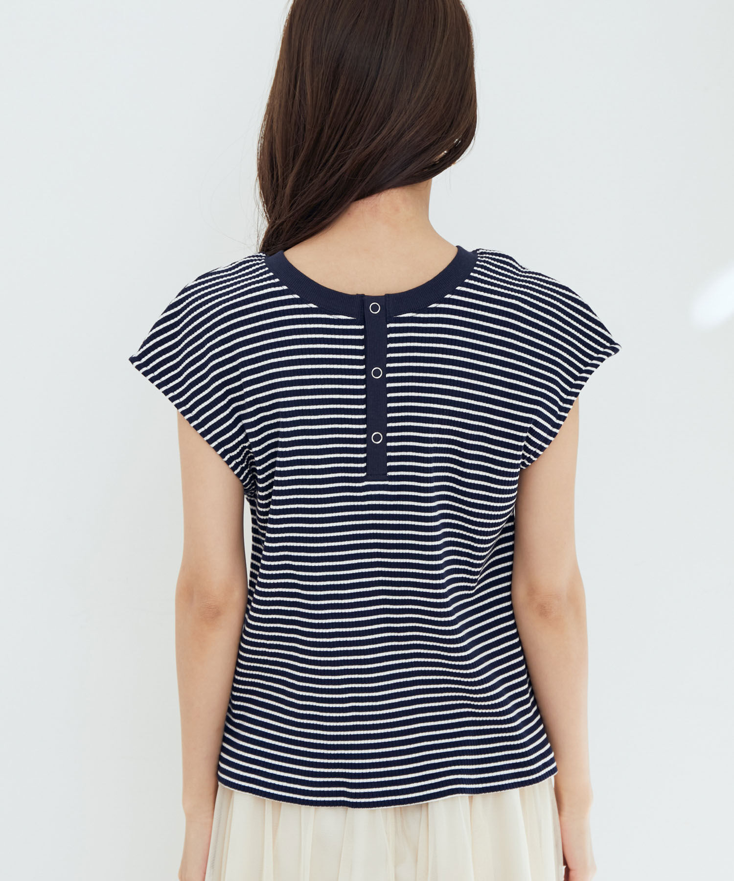 vis-a-vis「【WEB限定】前後２WAYスナップ釦付きフレンチスリーブボーダープルオーバー」|Tシャツ・カットソー|