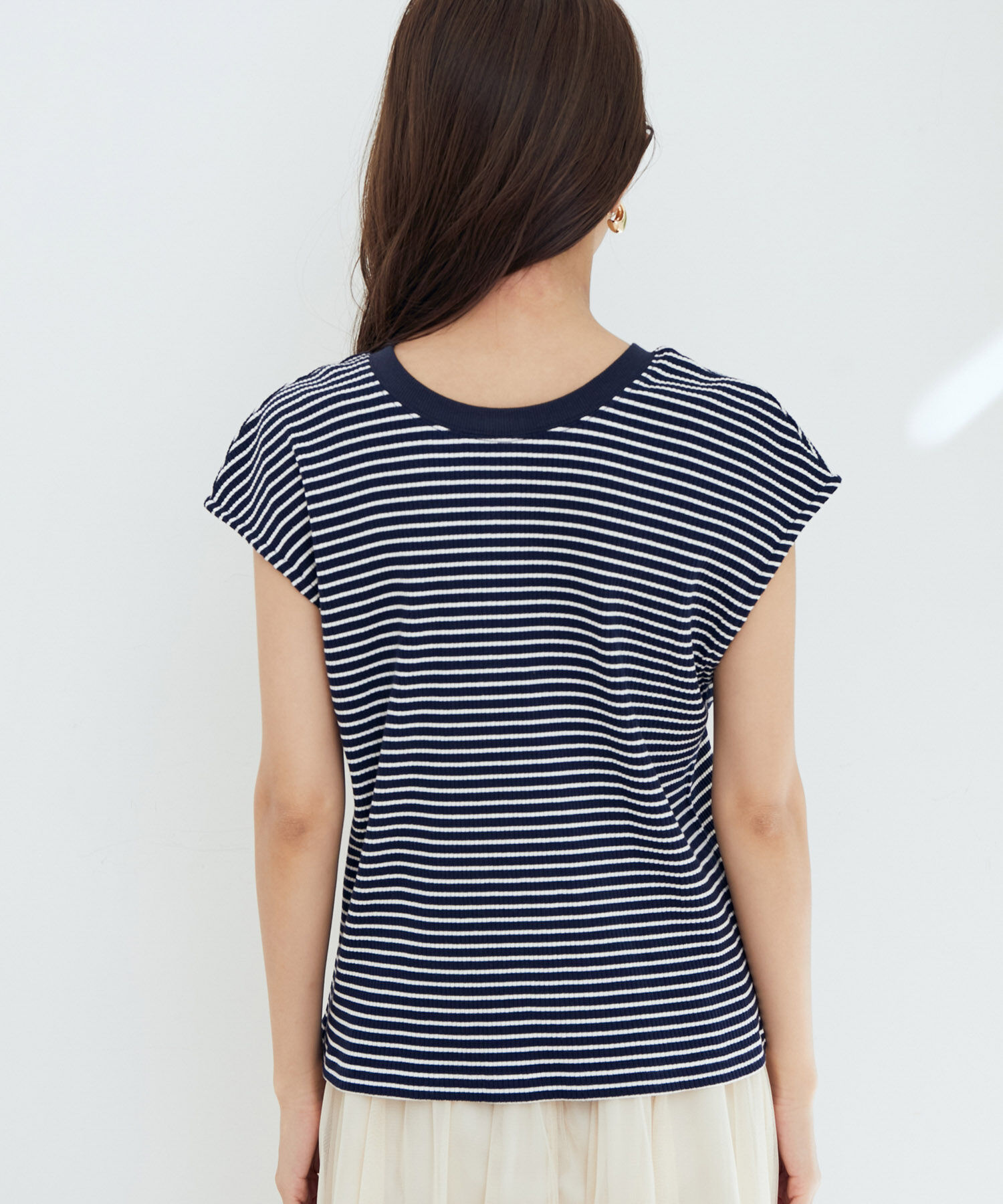 vis-a-vis「【WEB限定】前後２WAYスナップ釦付きフレンチスリーブボーダープルオーバー」|Tシャツ・カットソー|