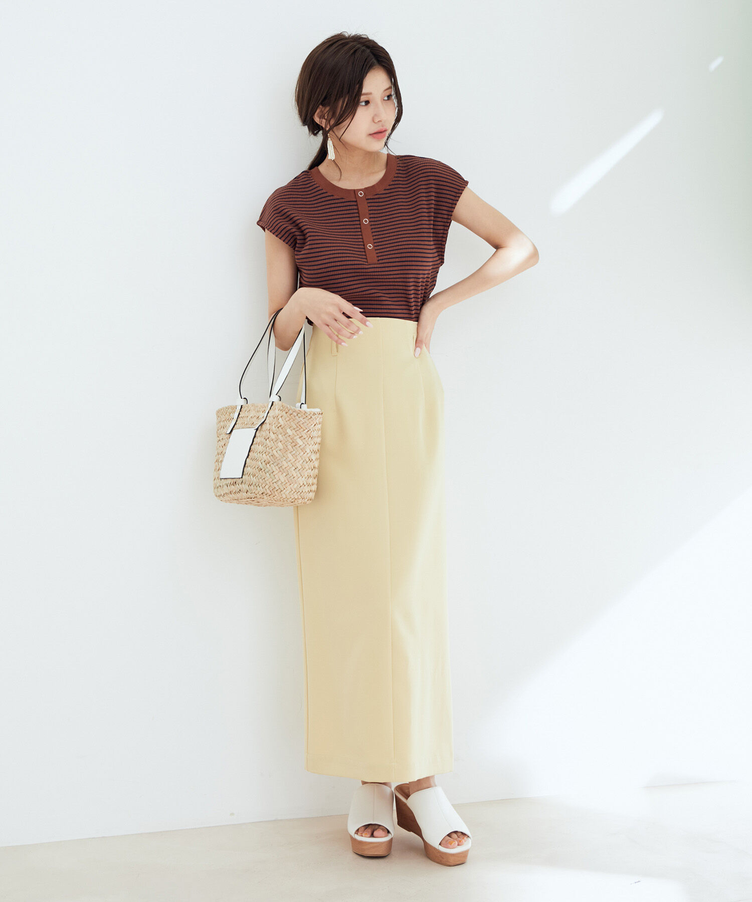 vis-a-vis「【WEB限定】前後２WAYスナップ釦付きフレンチスリーブボーダープルオーバー」|Tシャツ・カットソー|