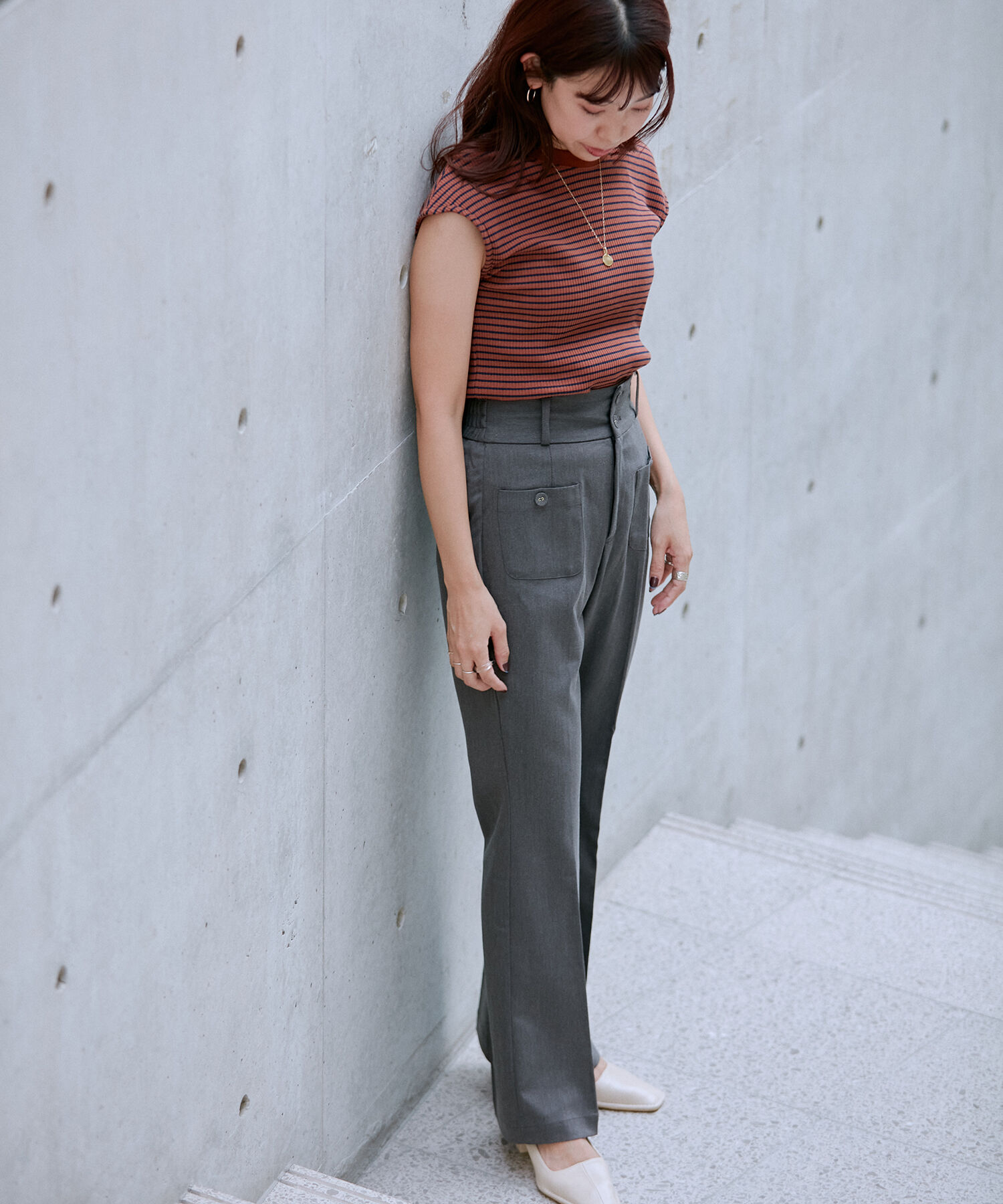 vis-a-vis「【WEB限定】前後２WAYスナップ釦付きフレンチスリーブボーダープルオーバー」|Tシャツ・カットソー|