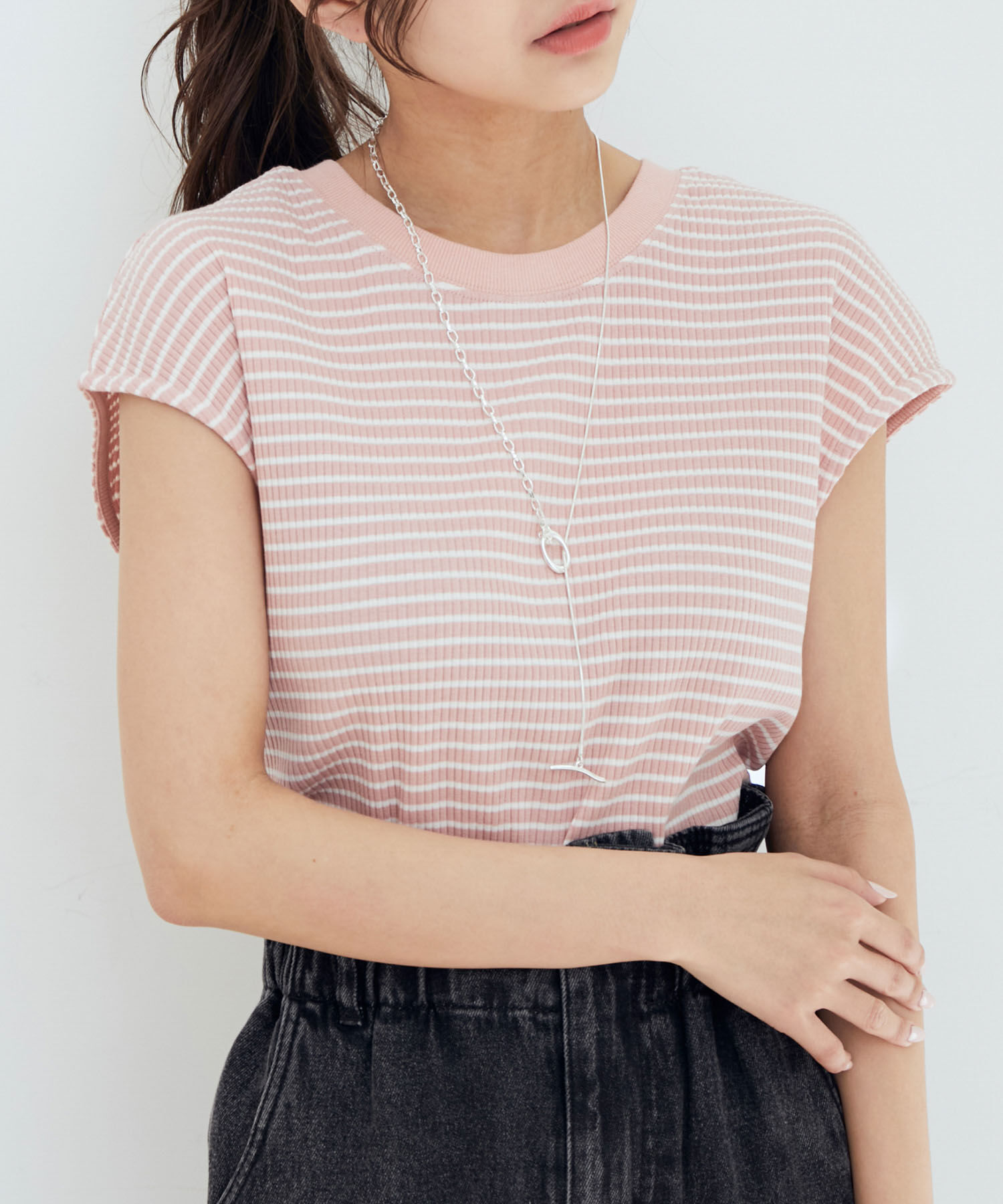 vis-a-vis「【WEB限定】前後２WAYスナップ釦付きフレンチスリーブボーダープルオーバー」|Tシャツ・カットソー|ピンク(63)