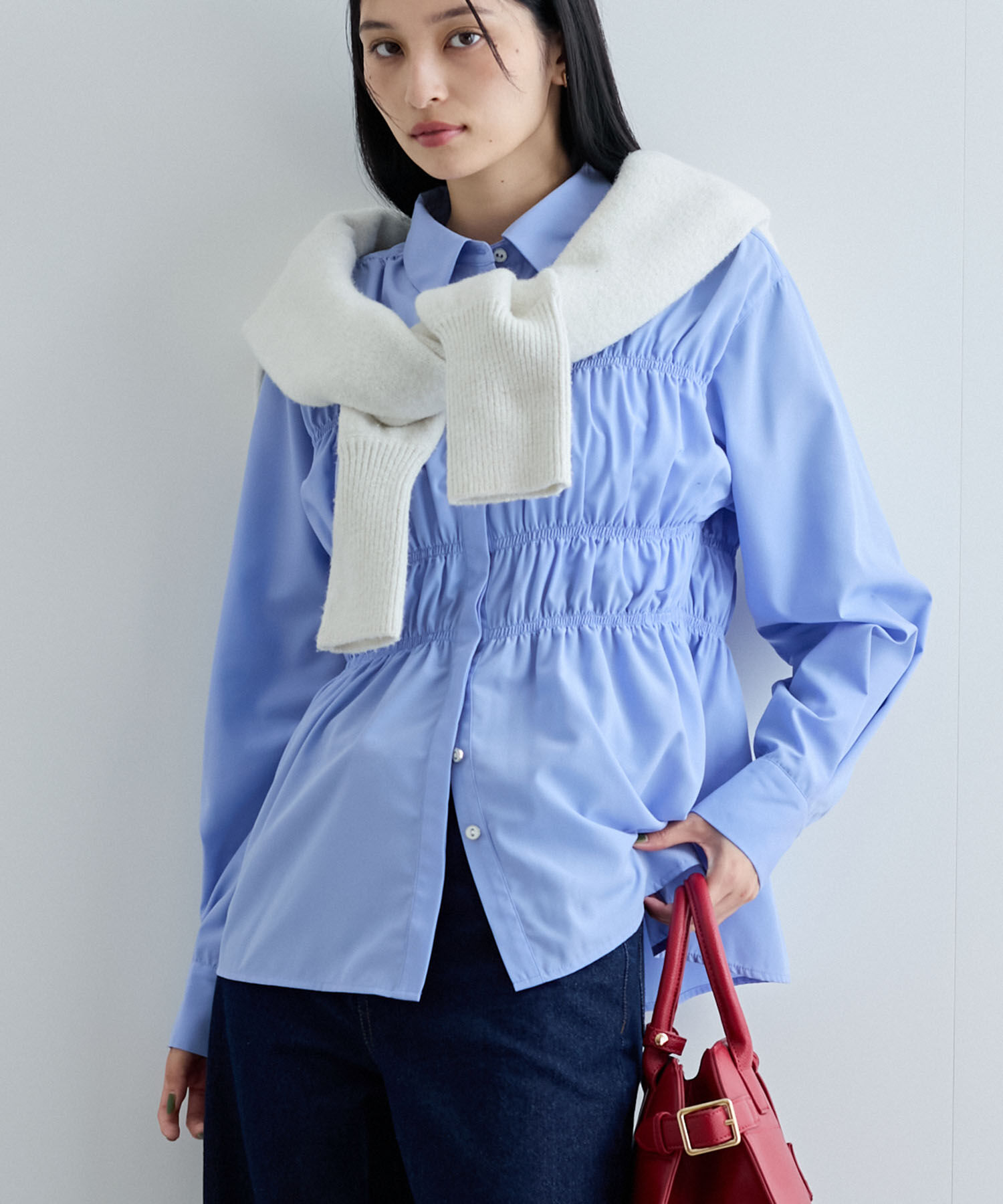 VIS「【洗える】シャーリングデザインシャツ」|シャツ・ブラウス|ブルー(44)