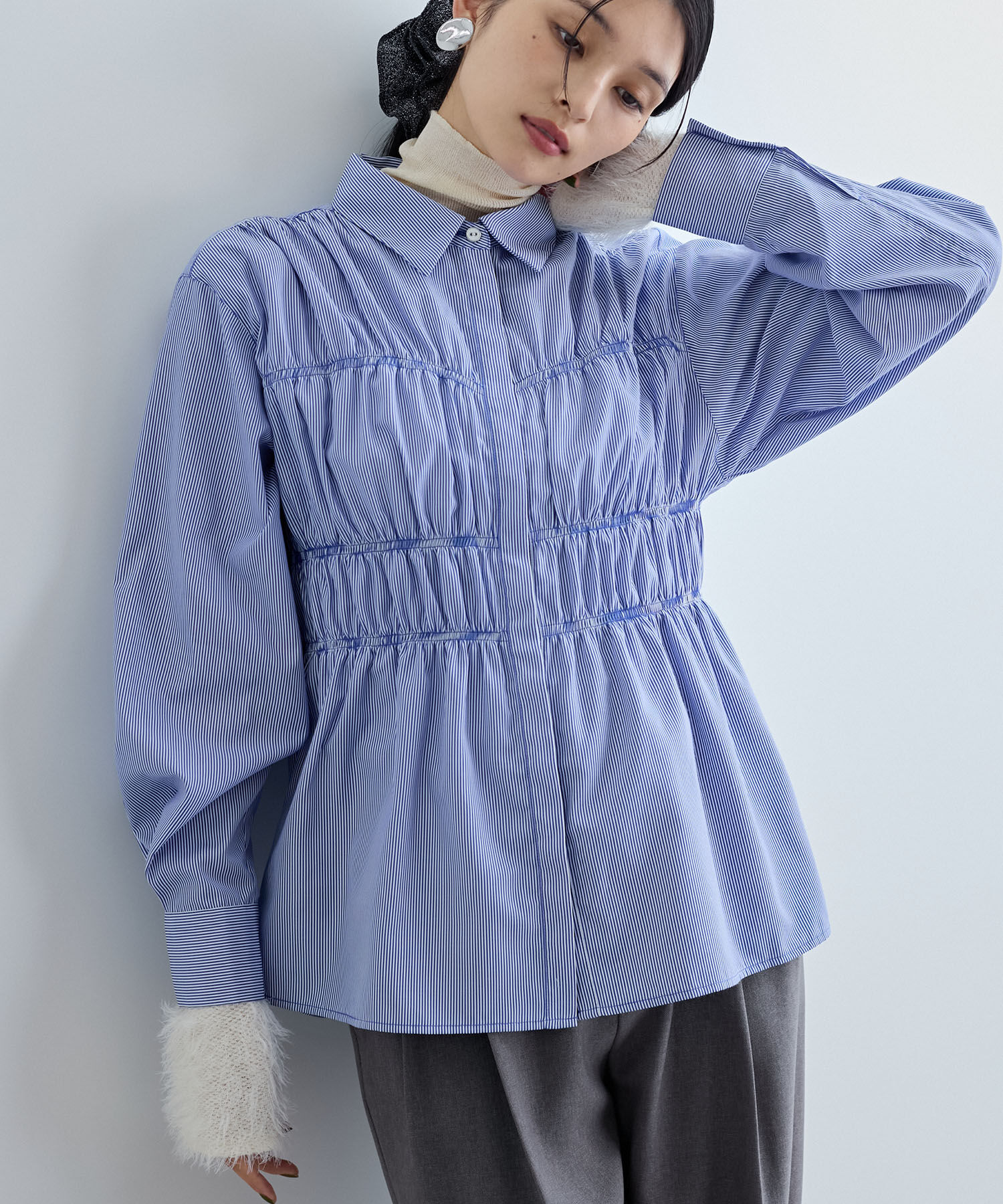 VIS「【洗える】シャーリングデザインシャツ」|シャツ・ブラウス|ブルー系(45)