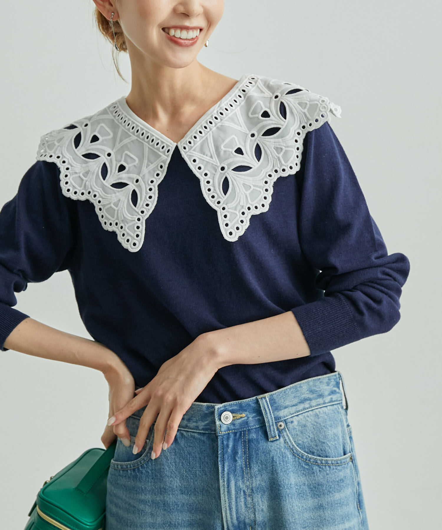 Rope&rsquo;Picnic「レース衿ニットプルオーバー」|ニット・セーター|ネイビー(40)