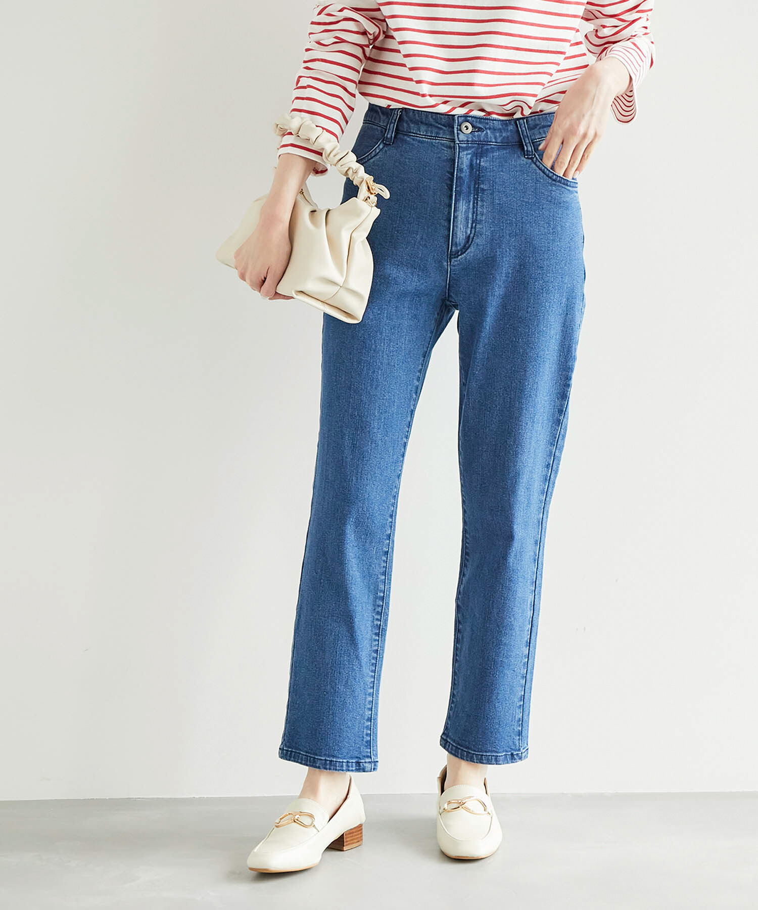 Rope&rsquo;Picnic「お仕事にも/ストレッチデニムストレートパンツ」|デニム|ネイビー系(43)