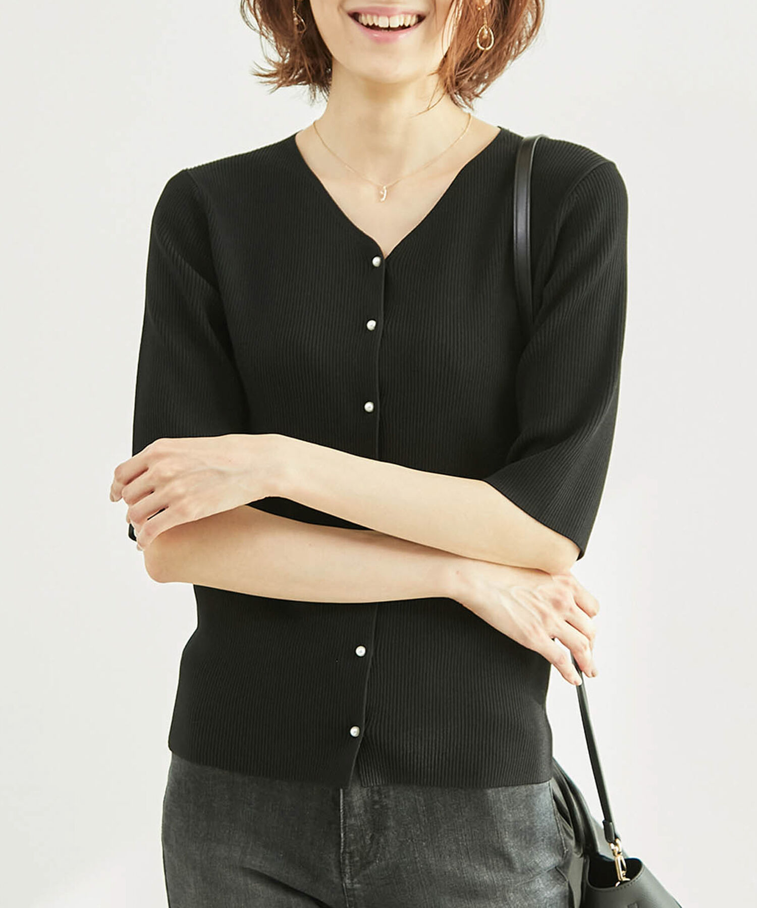 Rope&rsquo;Picnic「Beauty knit/パール釦ハーフスリーブカーディガン」|カーディガン|