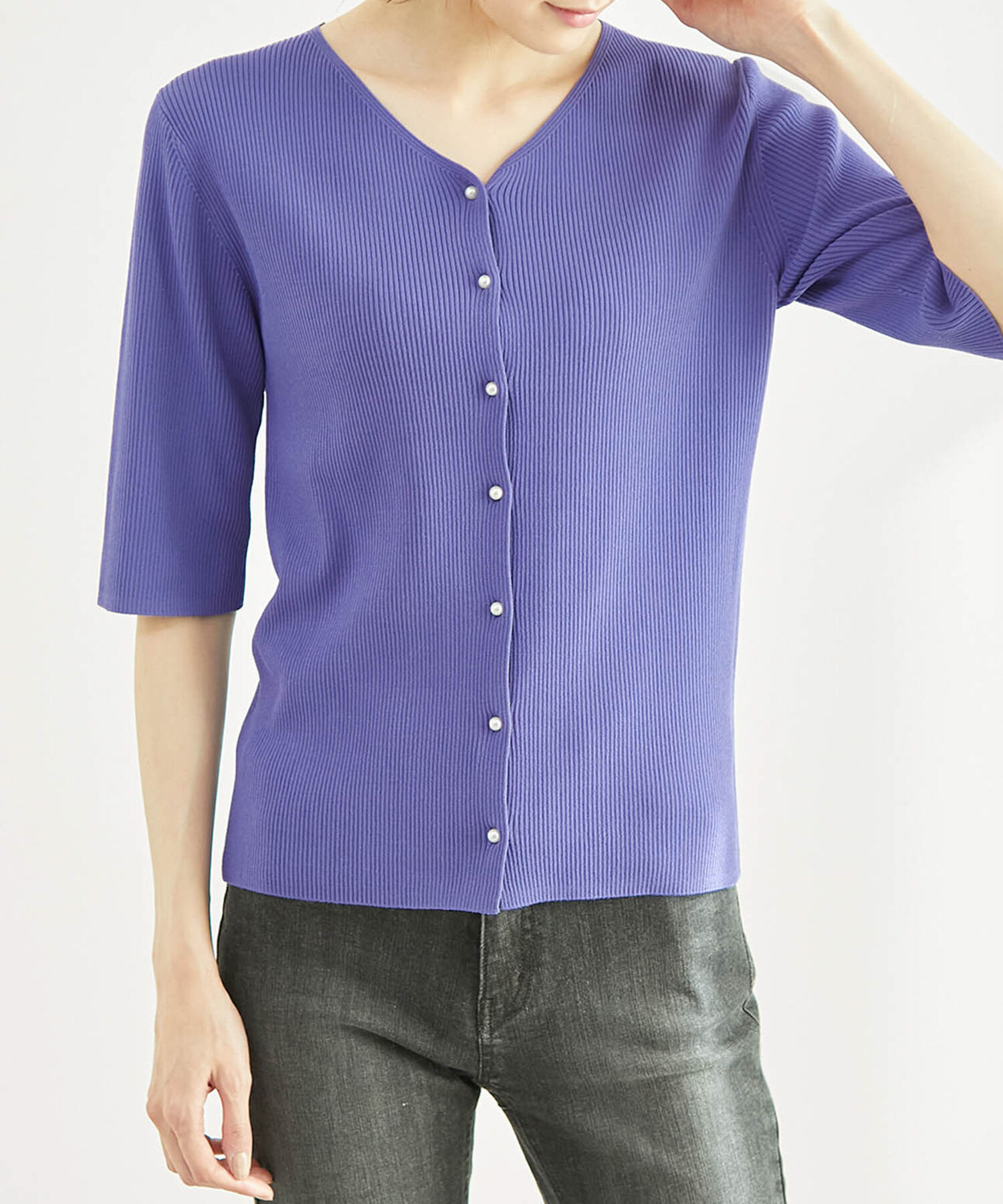 Rope&rsquo;Picnic「Beauty knit/パール釦ハーフスリーブカーディガン」|カーディガン|パープル系(54)