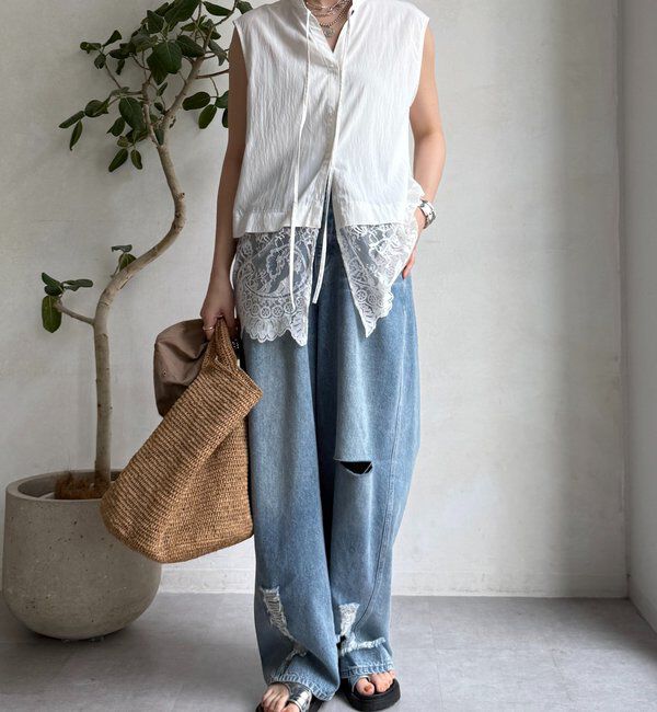  「レース切替ノースリブラウス」|シャツ・ブラウス|