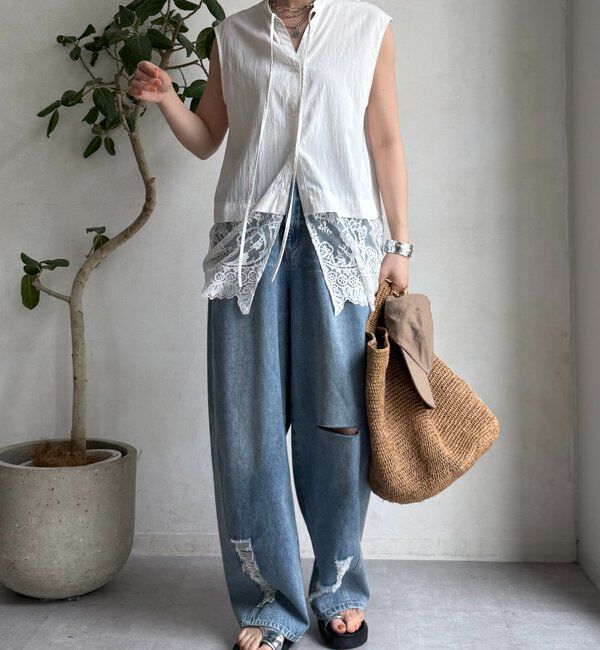  「レース切替ノースリブラウス」|シャツ・ブラウス|