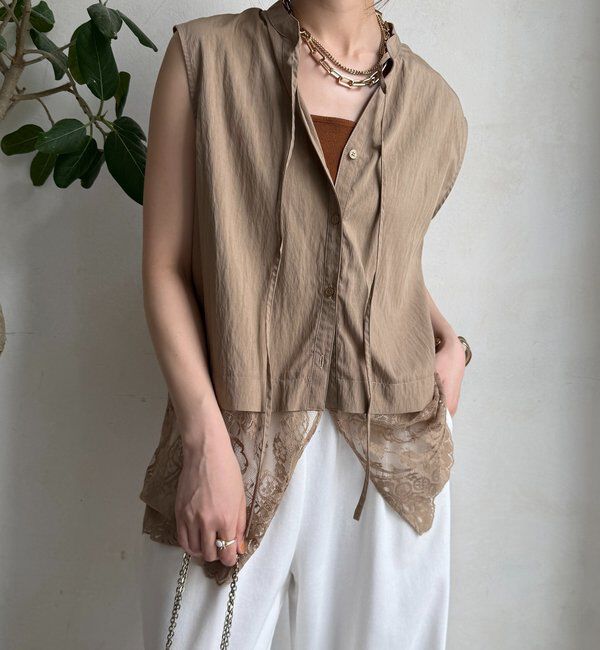  「レース切替ノースリブラウス」|シャツ・ブラウス|ベージュ