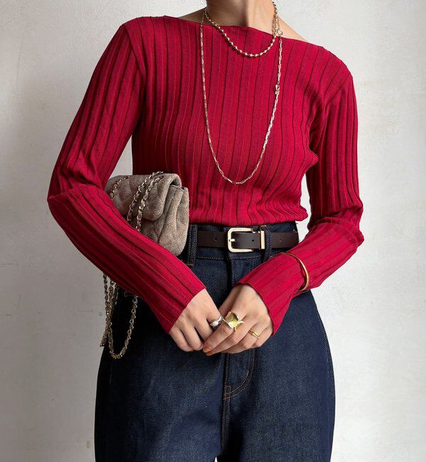  「【WEB限定】ワイドリブボートネックプルオーバー」|ニット・セーター|レッド