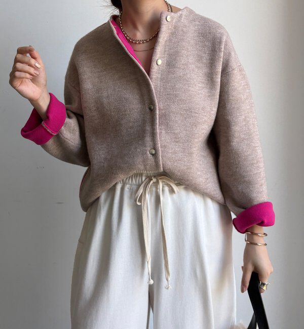  「【WEB限定】ダブルフェイスニットショートコート」|カーディガン|ベージュ