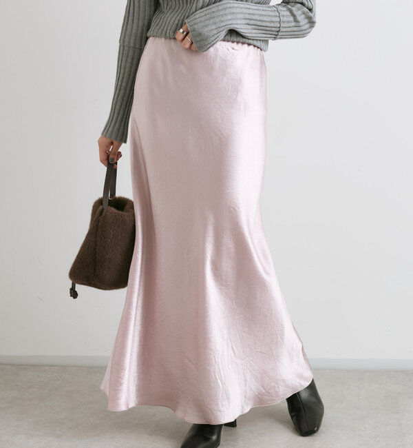  「【華やかな光沢感】ワッシャーサテンバイアススカート」|スカート|ピンク