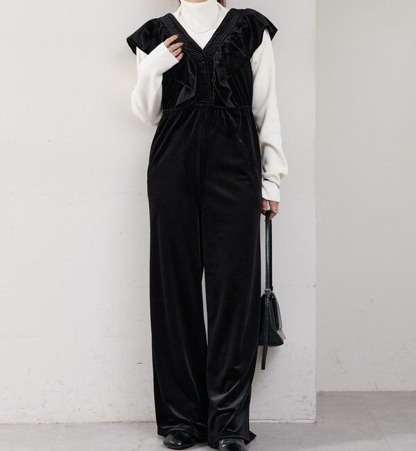  「ベロアフリルオールインワン」|オールインワン|ブラック