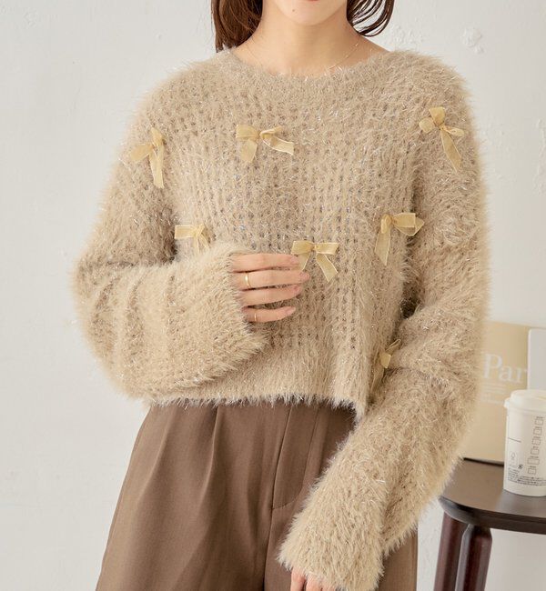  「【新色追加！】シャギーシアーリボンニット」|ニット・セーター|ベージュ