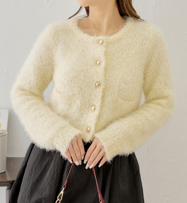  「【セットアップ対応】ラメシャギー金釦コンパクト長袖カーディガン」|カーディガン|アイボリー