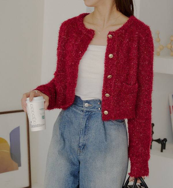  「【セットアップ対応】ラメシャギー金釦コンパクト長袖カーディガン」|カーディガン|レッド