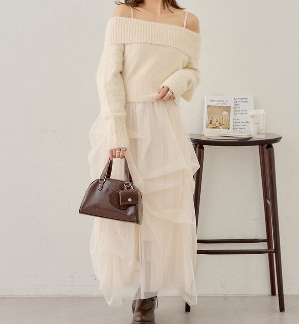  「【セットアイテム】オフショルニットセットチュールワンピース」|ワンピース|