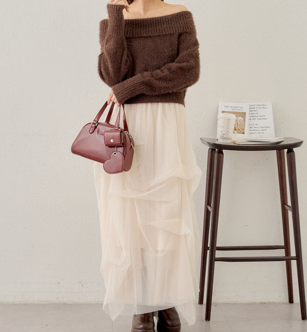  「【セットアイテム】オフショルニットセットチュールワンピース」|ワンピース|