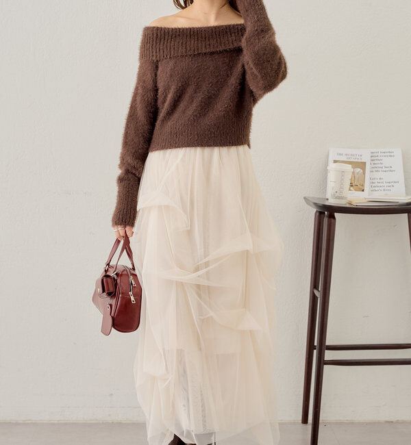  「【セットアイテム】オフショルニットセットチュールワンピース」|ワンピース|