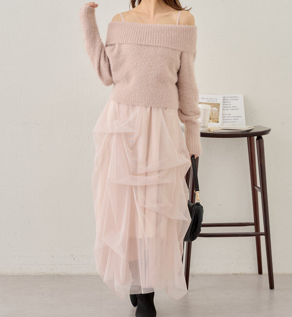  「【セットアイテム】オフショルニットセットチュールワンピース」|ワンピース|