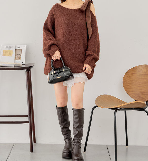  「ベロアリボンワンショルシャギーミニワンピース」|ワンピース|