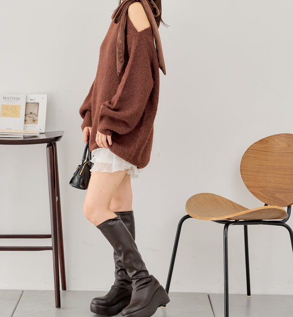  「ベロアリボンワンショルシャギーミニワンピース」|ワンピース|