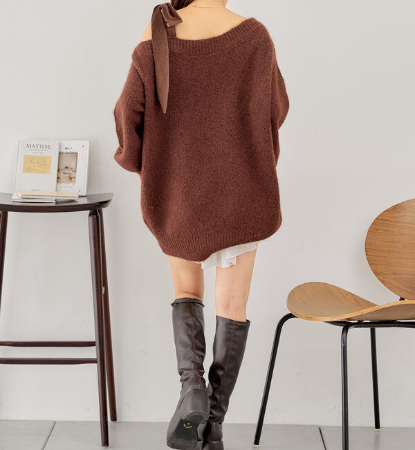  「ベロアリボンワンショルシャギーミニワンピース」|ワンピース|