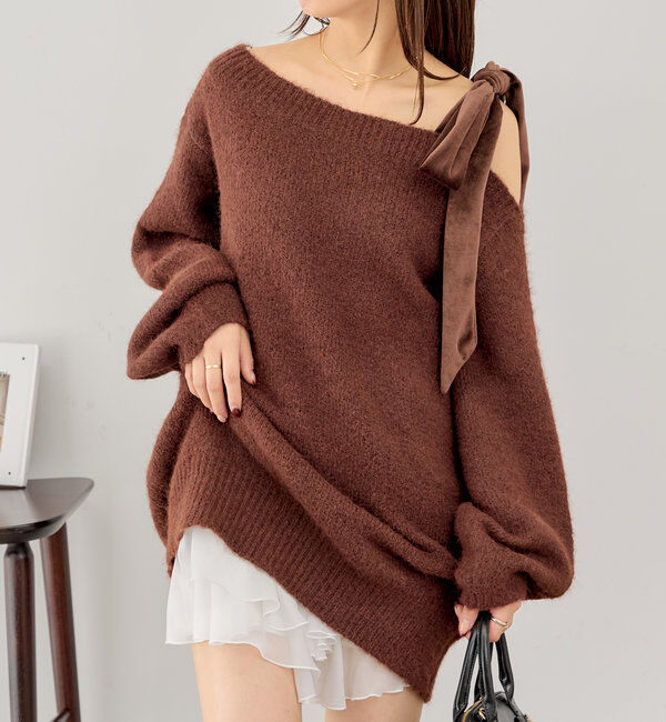  「ベロアリボンワンショルシャギーミニワンピース」|ワンピース|