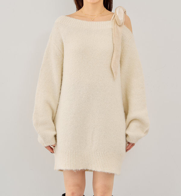  「ベロアリボンワンショルシャギーミニワンピース」|ワンピース|