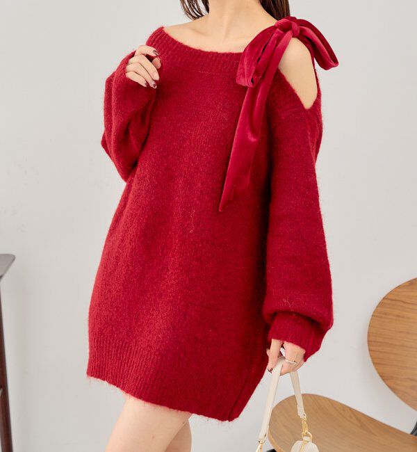  「ベロアリボンワンショルシャギーミニワンピース」|ワンピース|レッド