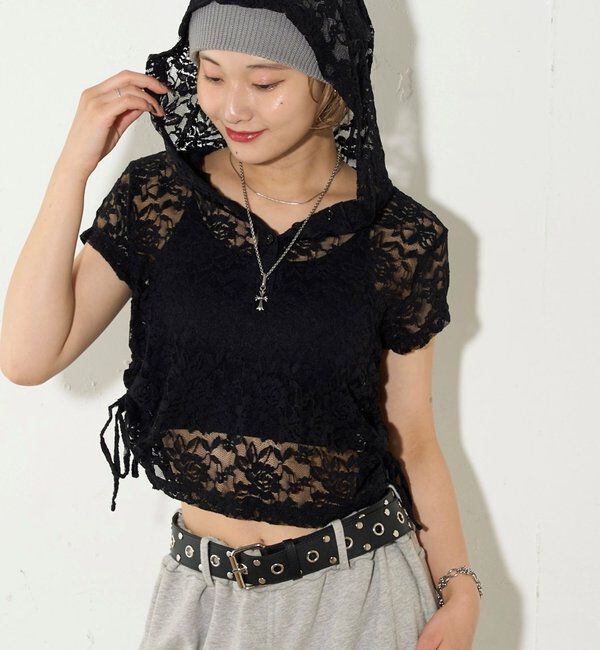  「【新色レース】シアー/レース  ヘンリー半袖パーカー」|Tシャツ・カットソー|