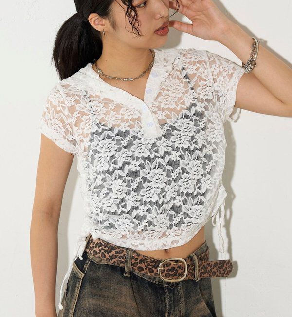  「【新色レース】シアー/レース  ヘンリー半袖パーカー」|Tシャツ・カットソー|