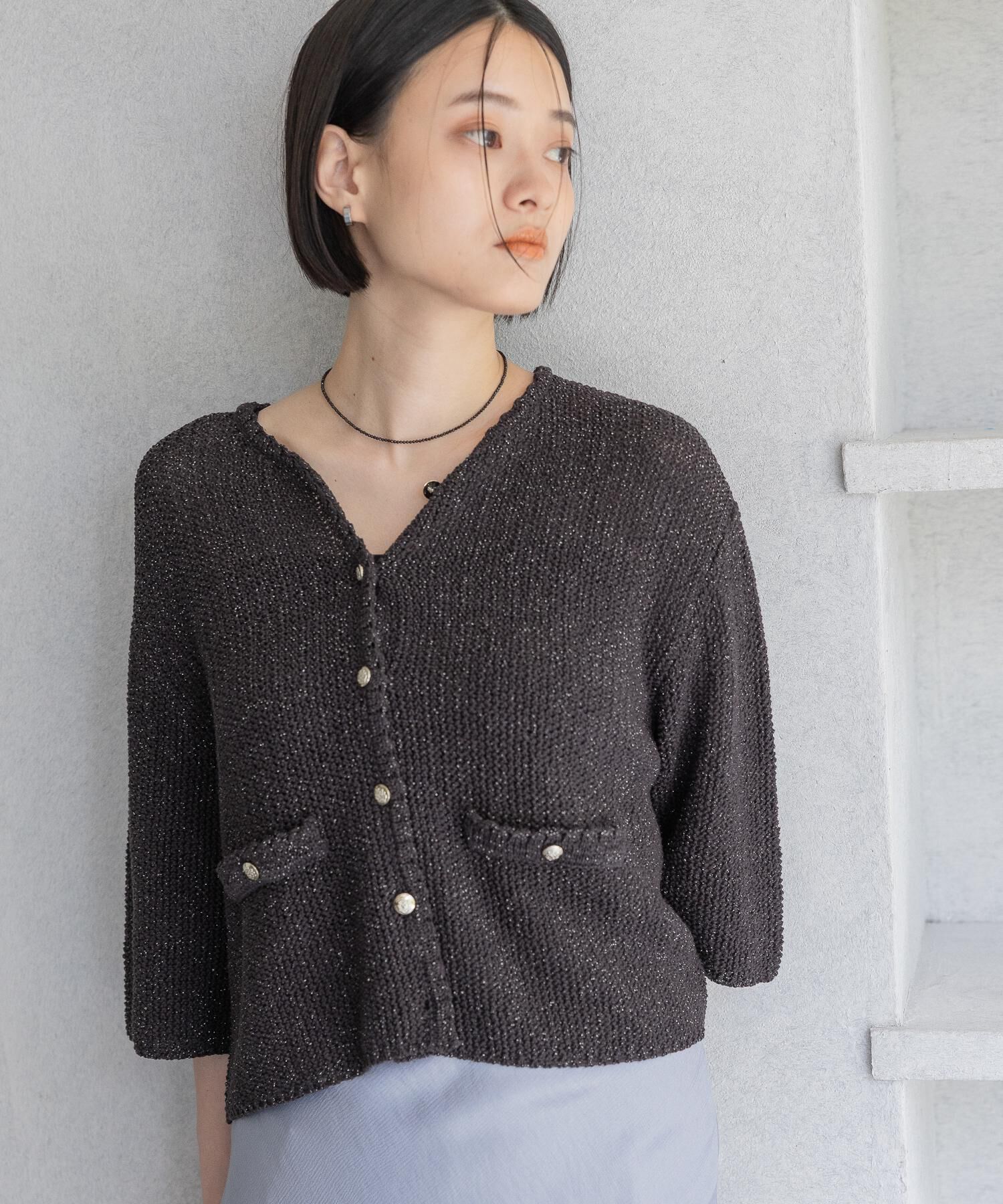 A part by 「ラメツィードニットカーディガン_半袖」|ニット・セーター|グレー