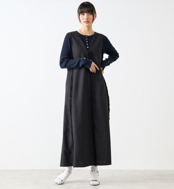 Soffitto「麻調深Vネックフリンジストレッチワンピース」|ワンピース|