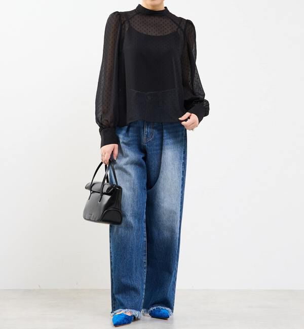 Soffitto「カットジャカードシアーパフスリーブブラウス」|シャツ・ブラウス|ブラック